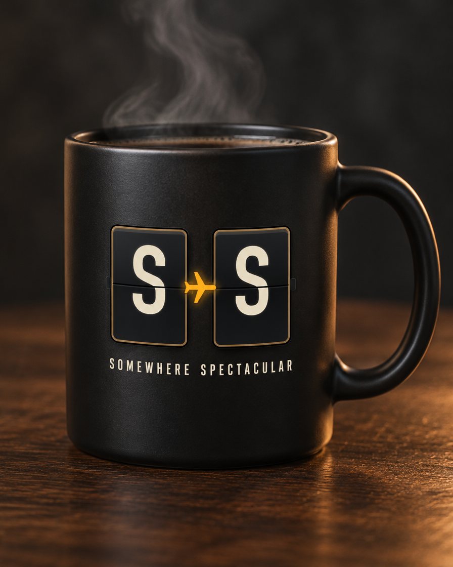Black Somewhere Spectacular mug with the S-plane-S split-flap logo